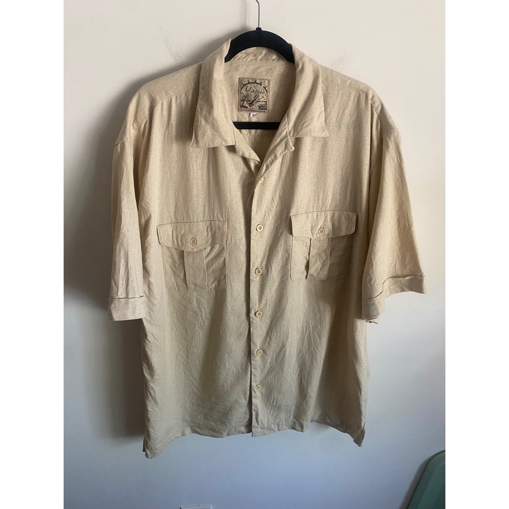 Viaggio Mens Large 100% Linen Short Sleeve Button Up Shirt Beige Camp Collar L